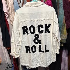 Elan Cream Jean Jacket with Black Rock & Roll Design